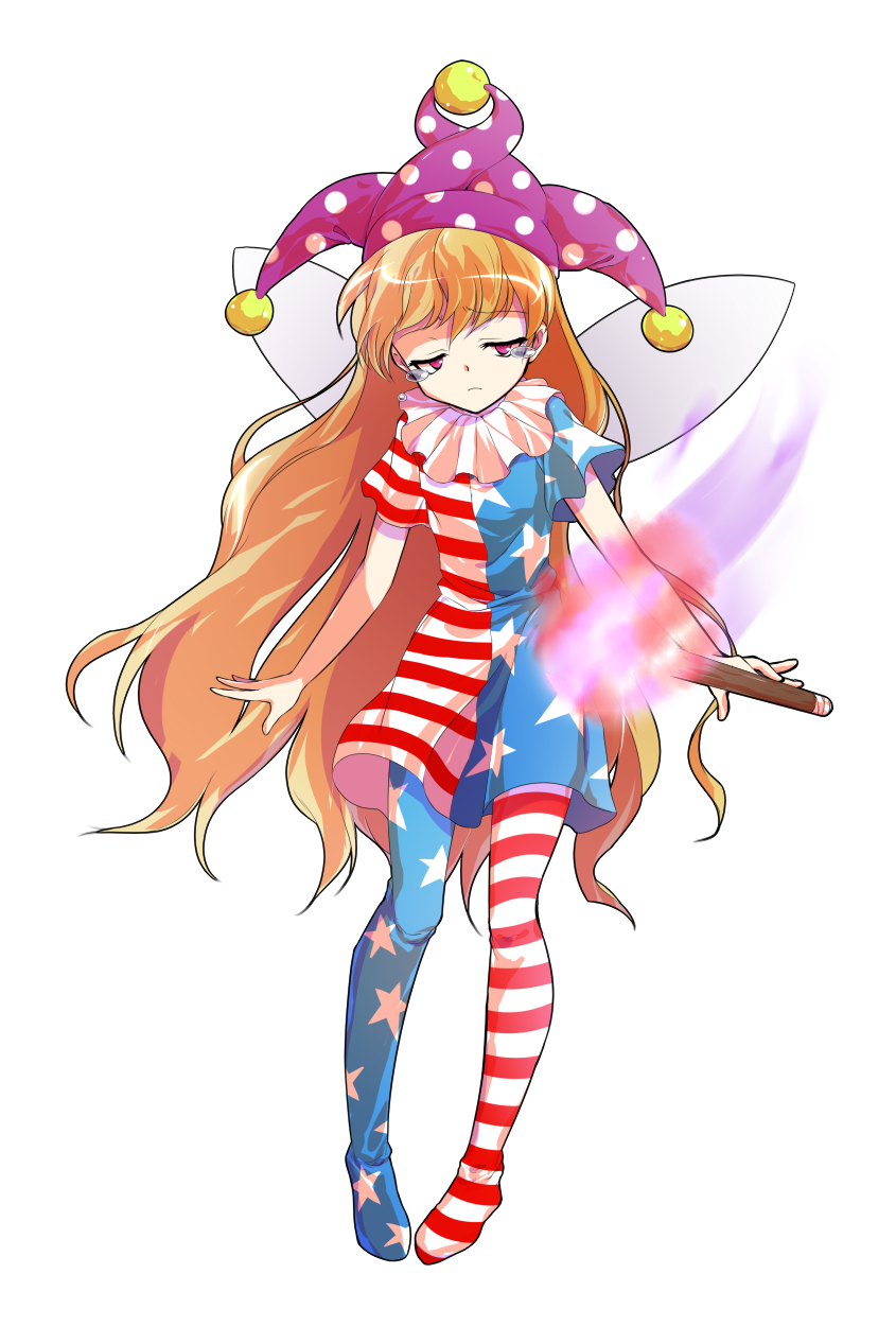 1girl alphes_(style) american_flag_dress american_flag_legwear blonde_hair clownpiece commentary_request dairi dress fairy_wings full_body half-closed_eyes hat highres holding holding_torch jester_cap large_variant_set light_frown long_hair looking_at_viewer neck_ruff no_shoes pantyhose parody print_dress print_pantyhose red_eyes short_dress short_sleeves simple_background smile solo standing striped_clothes striped_dress style_parody tachi-e tearing_up torch touhou transparent_background variant_set very_long_hair wings