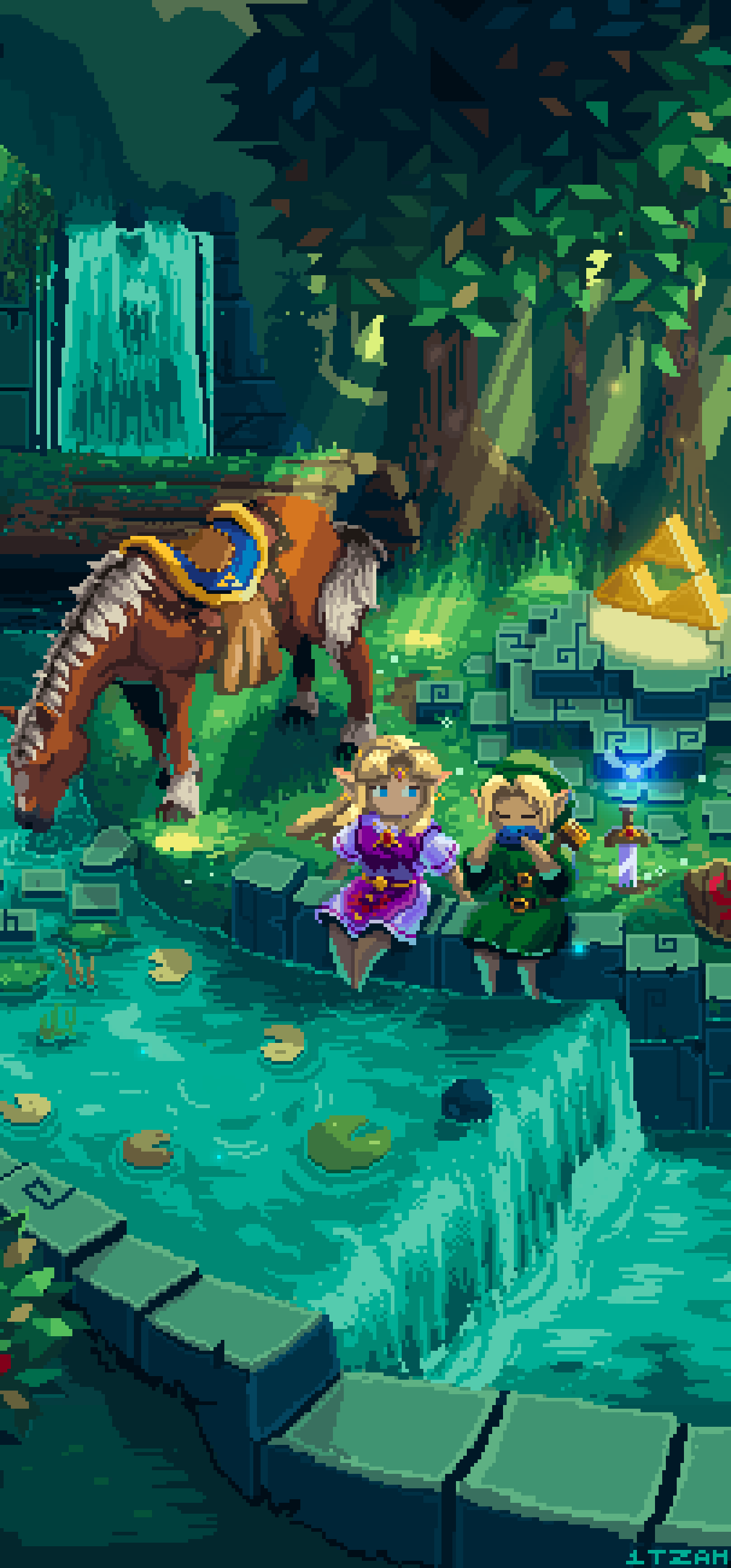 1boy 1girl absurdres animal artist_name blinking blonde_hair blue_eyes closed_eyes deku_shield dress english_text epona fairy green_tunic heads-up_display heart highres holding holding_instrument horse instrument itzah leaf light_rays lily_pad link log long_hair music navi nintendo ocarina outdoors partially_submerged pixel_art planted planted_sword planted_weapon playing_instrument pointy_ears princess_zelda purple_dress saddle shield sitting sunbeam sunlight sword the_legend_of_zelda the_legend_of_zelda:_ocarina_of_time tree triforce tunic user_interface water weapon wooden_shield