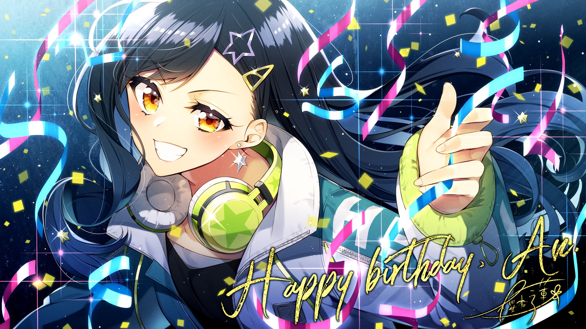 1girl :d black_hair black_shirt character_name commentary_request confetti earrings grin guest_art hair_ornament happy_birthday headphones headphones_around_neck highres jacket jewelry long_hair open_clothes open_jacket open_mouth project_sekai sakuragi_ren second-party_source shiraishi_an shirt signature smile solo sparkle star_(symbol) star_hair_ornament streamers teeth triangle_hair_ornament yellow_eyes