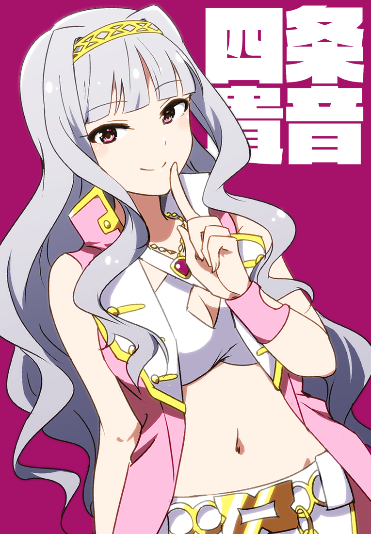 1girl blush breasts chain_belt character_name cleavage closed_mouth crop_top cropped_shirt dot_nose gold_belt grey_hair hairband hand_up idolmaster idolmaster_(classic) idolmaster_million_live! idolmaster_million_live!_theater_days index_finger_raised jacket jewelry kidachi large_breasts long_hair looking_at_viewer luxury_(idolmaster) midriff navel necklace open_clothes open_jacket pants pink_diamond_765_(idolmaster) pink_jacket purple_background purple_eyes shijou_takane shirt simple_background sleeveless sleeveless_jacket smile solo upper_body white_pants white_shirt yellow_hairband
