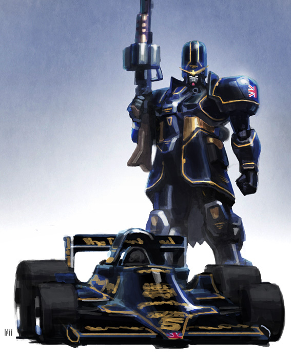 car clenched_hand fmu formula_one formula_racer g_gundam green_eyes gun gundam holding holding_gun holding_weapon john_bull_gundam looking_ahead lotus_(brand) mecha motor_vehicle no_humans race_vehicle racecar robot science_fiction solo spoiler_(automobile) standing v-fin vehicle_focus weapon