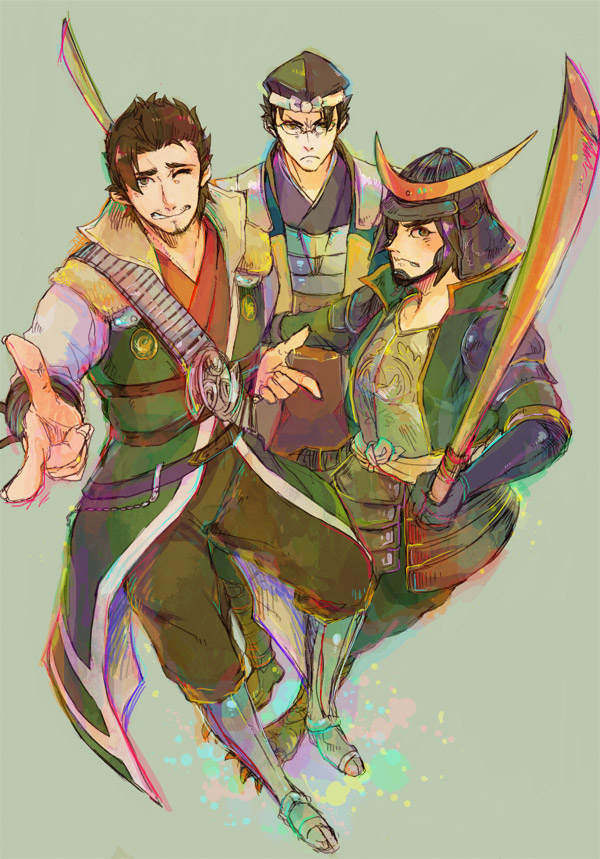 armor bokken brown_eyes brown_hair crossed_arms date_masamune eyepatch glasses helmet japanese_clothes katakura_kojuurou kimono male_focus saika_magoichi sengoku_musou smile swept_bangs sword weapon wooden_sword yukimoto