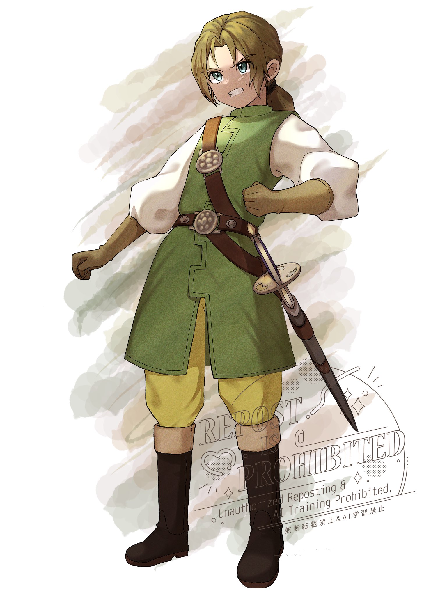 1boy androgynous aqua_eyes artist_name belt belt_buckle boots brown_belt brown_boots brown_gloves brown_hair buckle clenched_hands clenched_teeth commentary_request dragon_quest dragon_quest_x full_body gloves green_tunic highres looking_up low_ponytail male_focus nikon_(user_aznh7528) pants parted_hair ponytail rapier sheath sheathed shirt sleeveless_tunic solo sweatdrop sword teeth touma_(dq10) tunic weapon white_background white_shirt yellow_pants