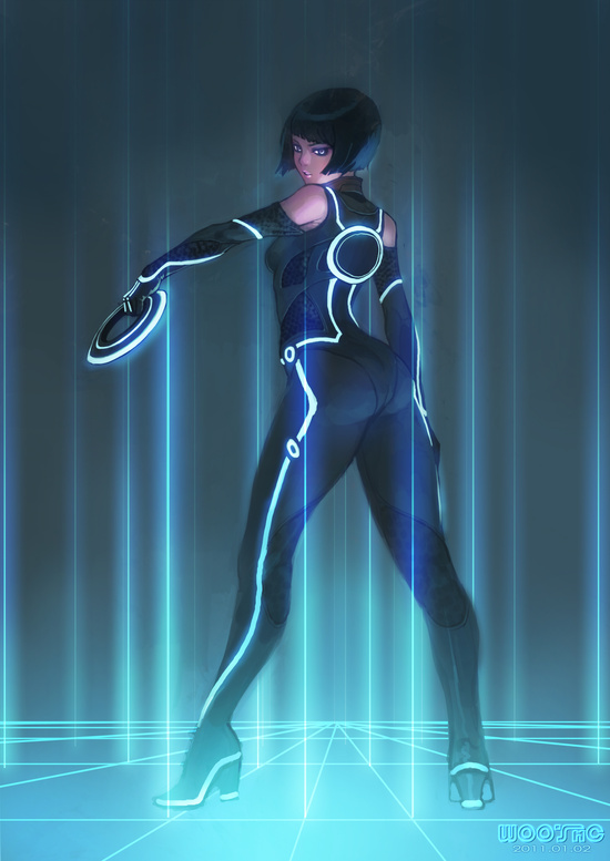 1girl ass black_hair blue_eyes bob_cut bodysuit chakram disc_(tron) halterneck looking_back neon_trim olivia_wilde quorra science_fiction tron tron:_legacy weapon wooc83