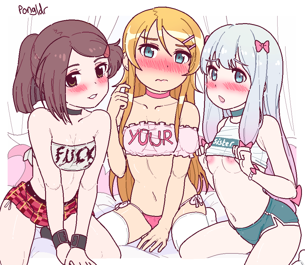 3girls aqua_choker bare_legs bare_shoulders bed bikini blonde_hair blue_eyes blush border bow breasts breasts_out brown_eyes brown_hair choker clothes_lift collar crop_top crossover cuffs dolphin_shorts dot_nose english_text eromanga_sensei female_focus fuck-me_shirt grey_hair hair_ornament hairclip izumi_sagiri kissxsis kousaka_kirino loli long_hair microskirt midriff miniskirt multiple_crossover multiple_girls navel nipples no_bra off_shoulder open_mouth ore_no_imouto_ga_konna_ni_kawaii_wake_ga_nai panties pink_hair pongldr ponytail ribbon self-upload shirt_lift short_shorts shorts simple_background skirt small_breasts smile socks strapless string_bikini string_panties suminoe_ako swimsuit thighhighs thighs trait_connection tube_top underwear white_border