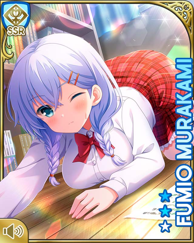 1girl aqua_eyes black_socks bookcase bow braid card_(medium) cleaning closed_mouth front_braid girlfriend_(kari) hair_ornament hair_over_shoulder hairclip indoors kneehighs kneeling long_hair murakami_fumio official_art one_eye_closed plaid_clothes plaid_skirt pleated_skirt qp:flapper red_bow red_skirt school school_uniform shirt shoes short_sleeves skirt socks solo tagme twin_braids white_shirt