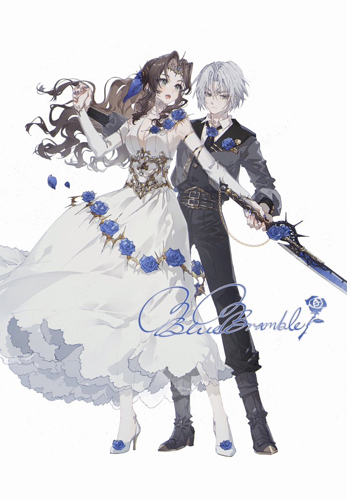 1boy 1girl aerith_gainsborough aerith_gainsborough_(prism_dress) aged_down ascot behind_another belt blue_ascot blue_eyes blue_flower blue_rose boots breasts brooch brown_hair cleavage closed_mouth collared_shirt corsage corset detached_sleeves dress dress_flower final_fantasy final_fantasy_vii final_fantasy_vii_ever_crisis floating_hair floral_print flower formal_clothes full_body grey_hair grey_jacket hair_ribbon high_heels holding holding_hands holding_sword holding_weapon jacket jewelry kieta long_dress long_hair long_sleeves medium_breasts official_alternate_costume open_mouth parted_bangs plunging_neckline ribbon rose sephiroth sephiroth_(dark_attire) sephiroth_(ever_crisis) shirt short_hair sidelocks simple_background smile standing sword tiara wavy_hair weapon white_background white_dress white_shirt
