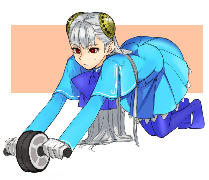 1girl all_fours alternate_color aqua_dress blue_pantyhose capcom capcom_fighting_jam dress exercise_wheel exercising feet female_focus hairpods ingrid_(capcom) kneeling pantyhose red_eyes ribbon solo tetsu_(kimuchi) white_hair