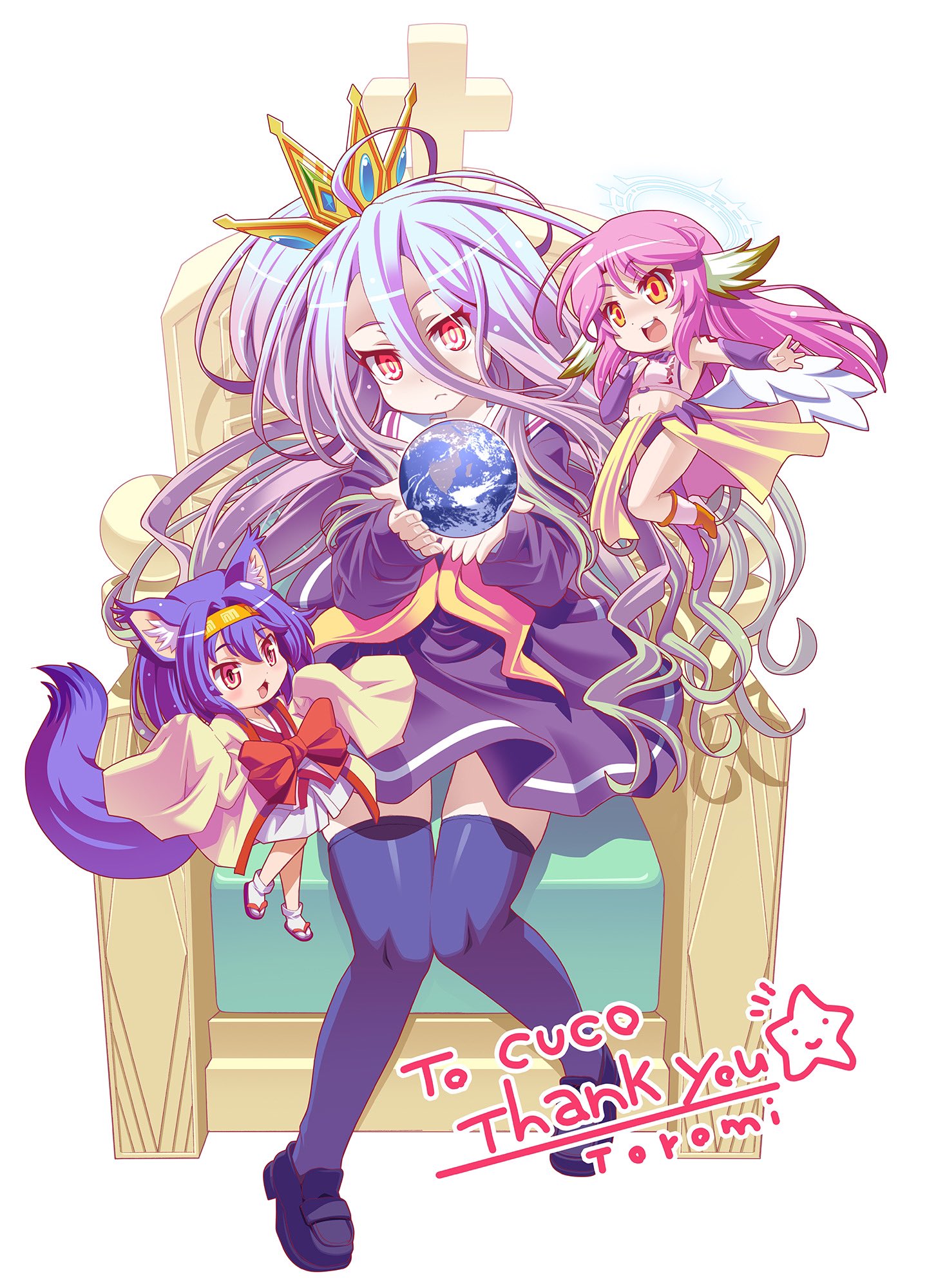 3girls :< ahoge animal_ear_fluff animal_ears artist_name blue_hair boots chibi chibi_inset closed_mouth commentary_request commission commissioner_name crop_top crown detached_sleeves earth_(planet) fox_ears fox_girl fox_tail full_body geta gold_crown gradient_hair hair_between_eyes halo hatsuse_izuna headband highres japanese_clothes jibril_(no_game_no_life) kimono loafers long_hair long_hair_between_eyes long_sleeves looking_at_viewer low_wings medium_hair midriff mini_person minigirl multicolored_hair multiple_girls navel neckerchief no_game_no_life on_chair open_mouth orange_boots orange_headband orange_sandals pink_eyes pink_hair pink_shirt planet purple_footwear purple_hair purple_shirt purple_skirt purple_sleeves purple_thighhighs red_eyes red_pupils sailor_collar sandals school_uniform serafuku shiro_(no_game_no_life) shirt shoes sitting skeb_commission skirt sleeves_past_fingers sleeves_past_wrists smile solo_focus tabi tail teeth thank_you thighhighs tilted_headwear toromi_(toromix2) two-tone_hair upper_teeth_only white_halo white_sailor_collar white_wings wide_sleeves wing_ears wings yellow_eyes yellow_kimono yellow_neckerchief zettai_ryouiki