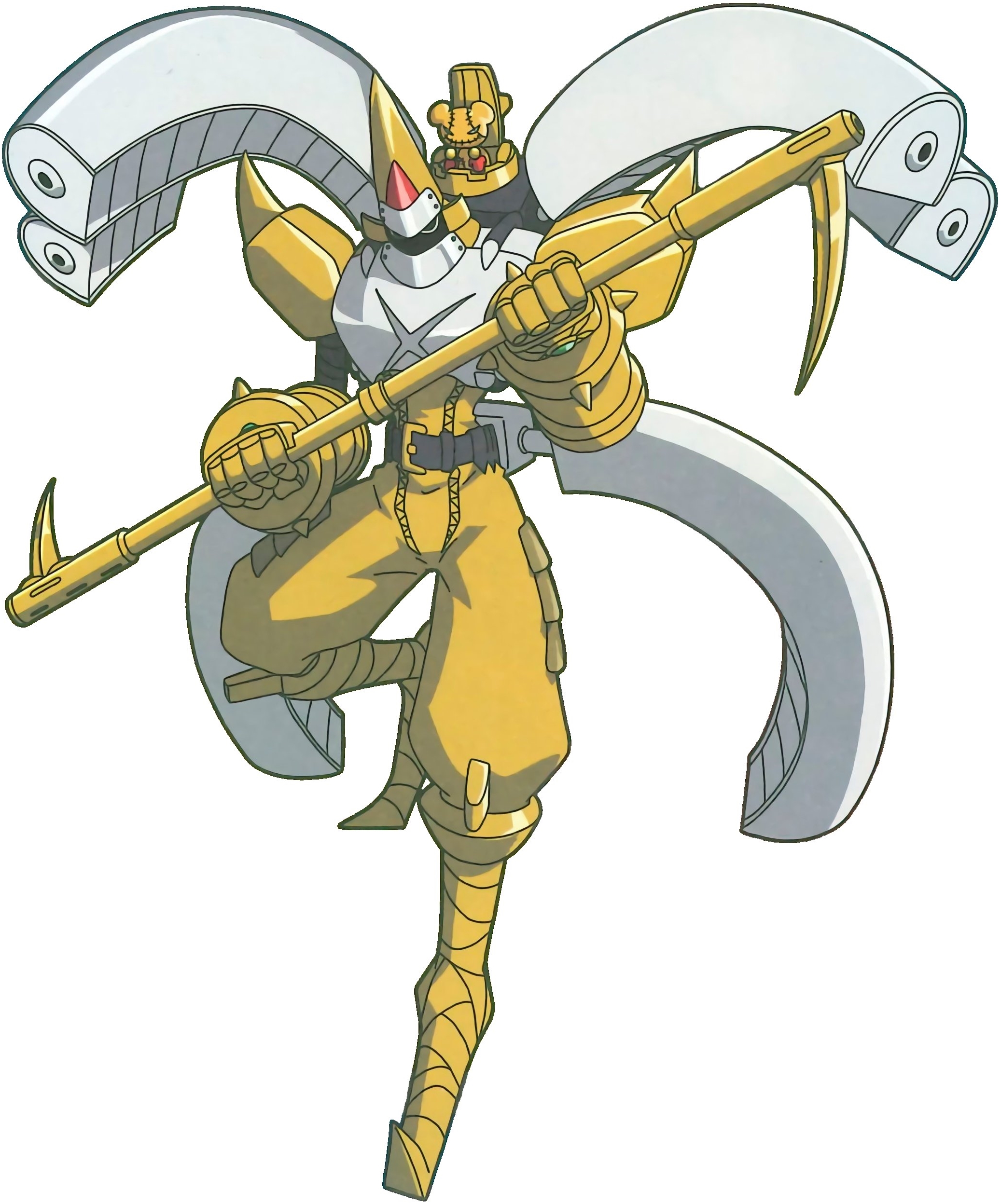 2boys absurdres digimon digimon_(creature) digimon_xros_wars full_body highres holding holding_weapon jumping multiple_boys ninja no_humans scan tuwarmon tyutyumon weapon