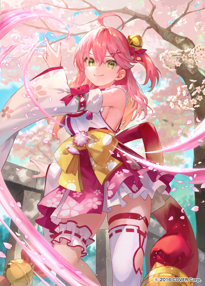 1girl ahoge bell cherry_blossoms closed_mouth commentary_request copyright_notice day detached_sleeves double-parted_bangs falling_petals frilled_kimono frilled_thigh_strap frills geta green_eyes hair_bell hair_between_eyes hair_ornament hairclip hakama hakama_short_skirt hakama_skirt hand_up hololive japanese_clothes jingle_bell kimono kobuta long_hair looking_at_viewer magic nontraditional_miko official_art one_side_up outdoors petals pink_hair red_skirt sakura_miko sakura_miko_(1st_costume) sideless_kimono single_thighhigh skirt sleeveless sleeveless_kimono smile solo tabi thigh_strap thighhighs virtual_youtuber white_sleeves white_thighhighs wide_sleeves x_hair_ornament