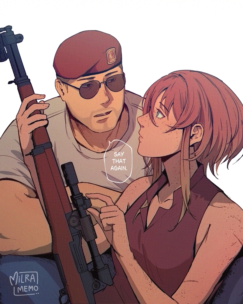 1boy 1girl beret blue_eyes blue_pants brown_hair brown_shoes buzz_cut closed_mouth collared_shirt courier_(fallout:_new_vegas) craig_boone english_text eye_contact fallout fallout:_new_vegas freckles grey_shirt gun hair_between_eyes hat holding holding_gun holding_weapon looking_at_another milramemo noelle_(milramemo) pants parted_lips red_hat rifle scope shirt shoes short_hair short_sleeves signature simple_background sleeveless sleeveless_shirt sniper_rifle sunglasses very_short_hair weapon white_background