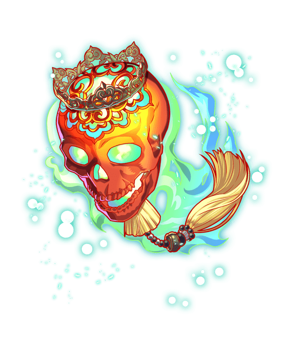 artist_request colored_teeth crash_fever crown fire game_cg gold_crown green_outline head_only light_particles official_art open_mouth orange_teeth outline red_outline saturated skull solo tachi-e tassel teeth transparent_background