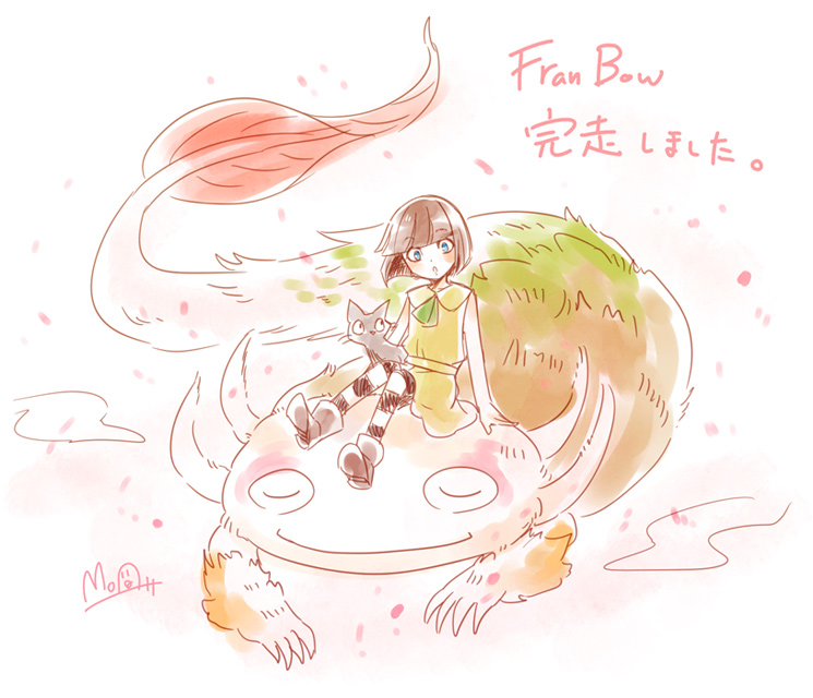 1girl axolotl black_cat blue_eyes boots brown_hair cat copyright_name copyright_request dress fran_bow fran_bow_dagenhart hato_moa mr._midnight on_animal palontras pantyhose sky striped_clothes striped_legwear striped_pantyhose yellow_dress