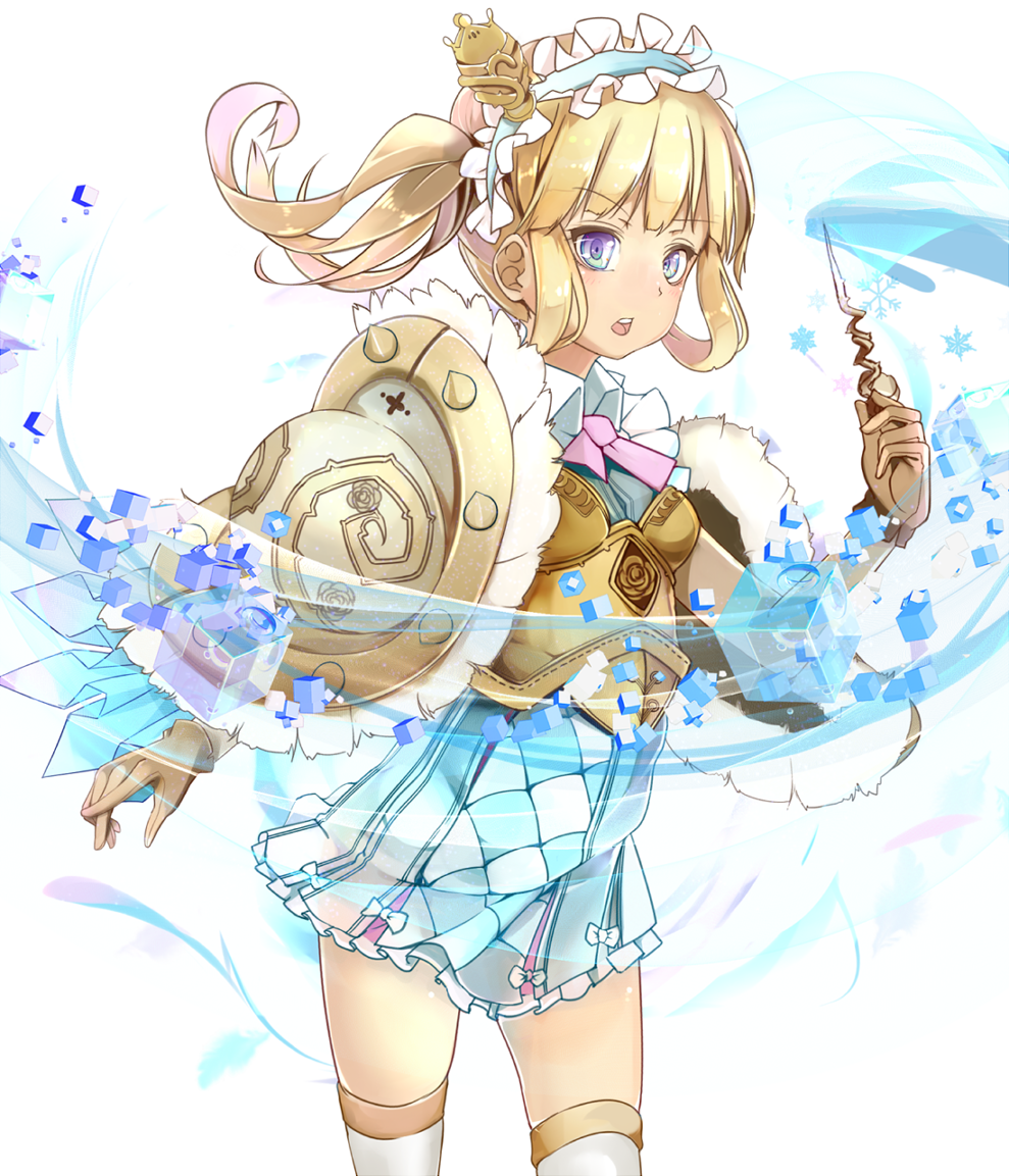 10s 1girl :o armor blonde_hair blue_eyes brown_gloves cube female_focus gloves hair_rings hairband last_period lisa_(last_period) looking_at_viewer radiosity_(yousei) shoulder_armor skirt solo standing thighhighs twintails wand white_skirt white_thighhighs