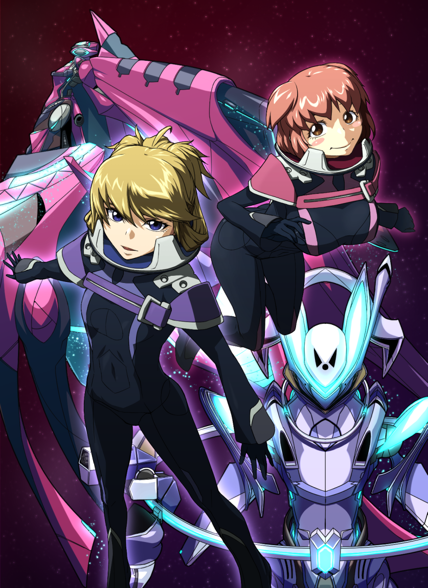 2girls black_gloves blonde_hair breasts flat_chest floating gloves irie_tamaki kugimiya_kei large_breasts leaning_forward majestic_prince mecha multiple_girls pilot_suit ponytail purple_eyes purple_two red_eyes red_hair robot rose_three science_fiction skin_tight two_side_up uganda_(ugandam_00)