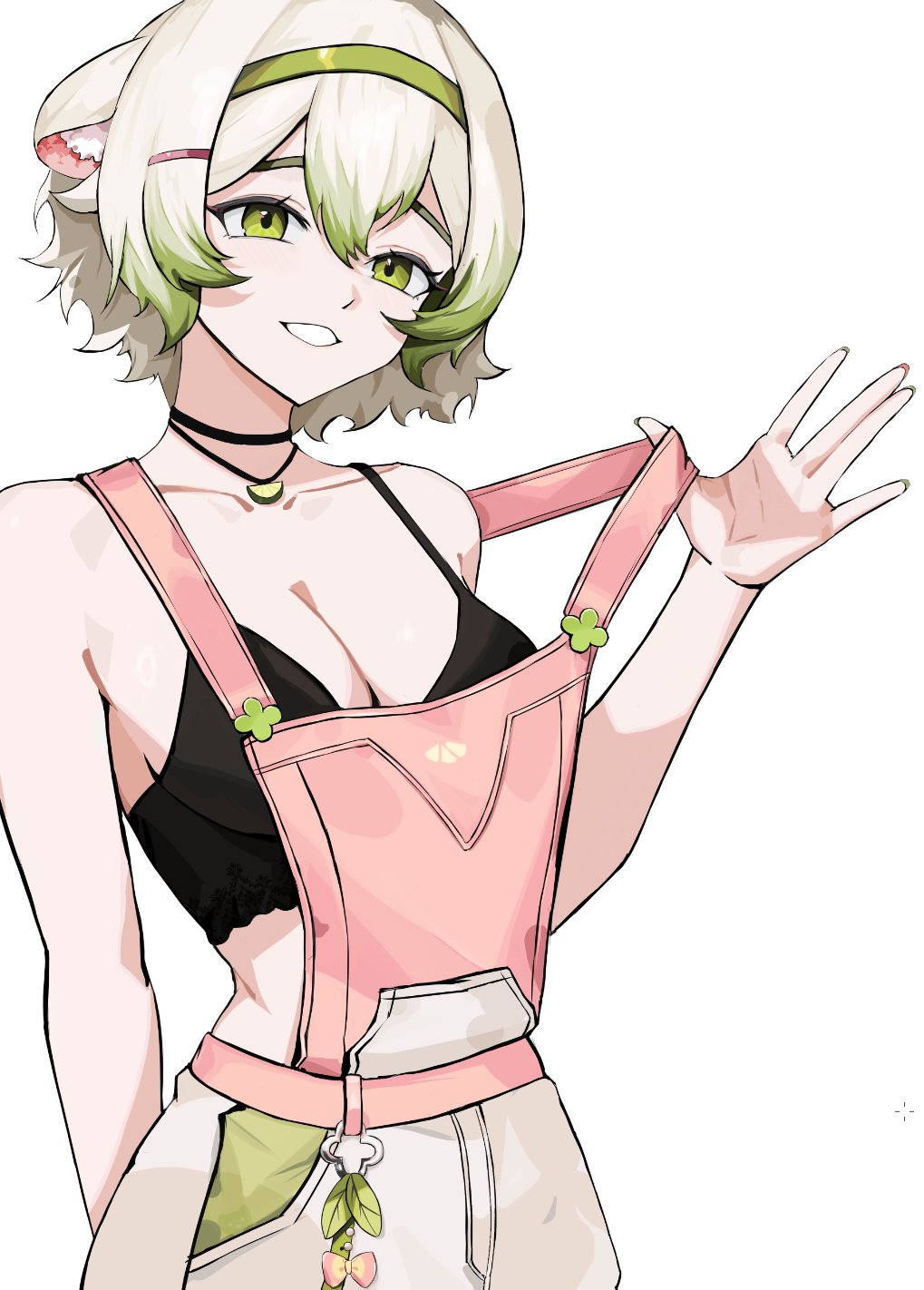 1girl animal_ears black_bra bob_cut bow bra breasts cleavage ferret ferret_ears ferret_girl food fruit gradient_hair green_eyes green_hair green_nails green_overalls hair_between_eyes hairband highres indie_virtual_youtuber jewelry laimu_(vtuber) laimu_(vtuber)_(cozy) leaf lime_(fruit) lime_slice medium_breasts multicolored_hair naked_overalls necklace no_shirt open_mouth overalls pink_nails pink_overalls smile strap_pull ttsyrene two-tone_hair underwear vinesauce virtual_youtuber white_hair white_overalls