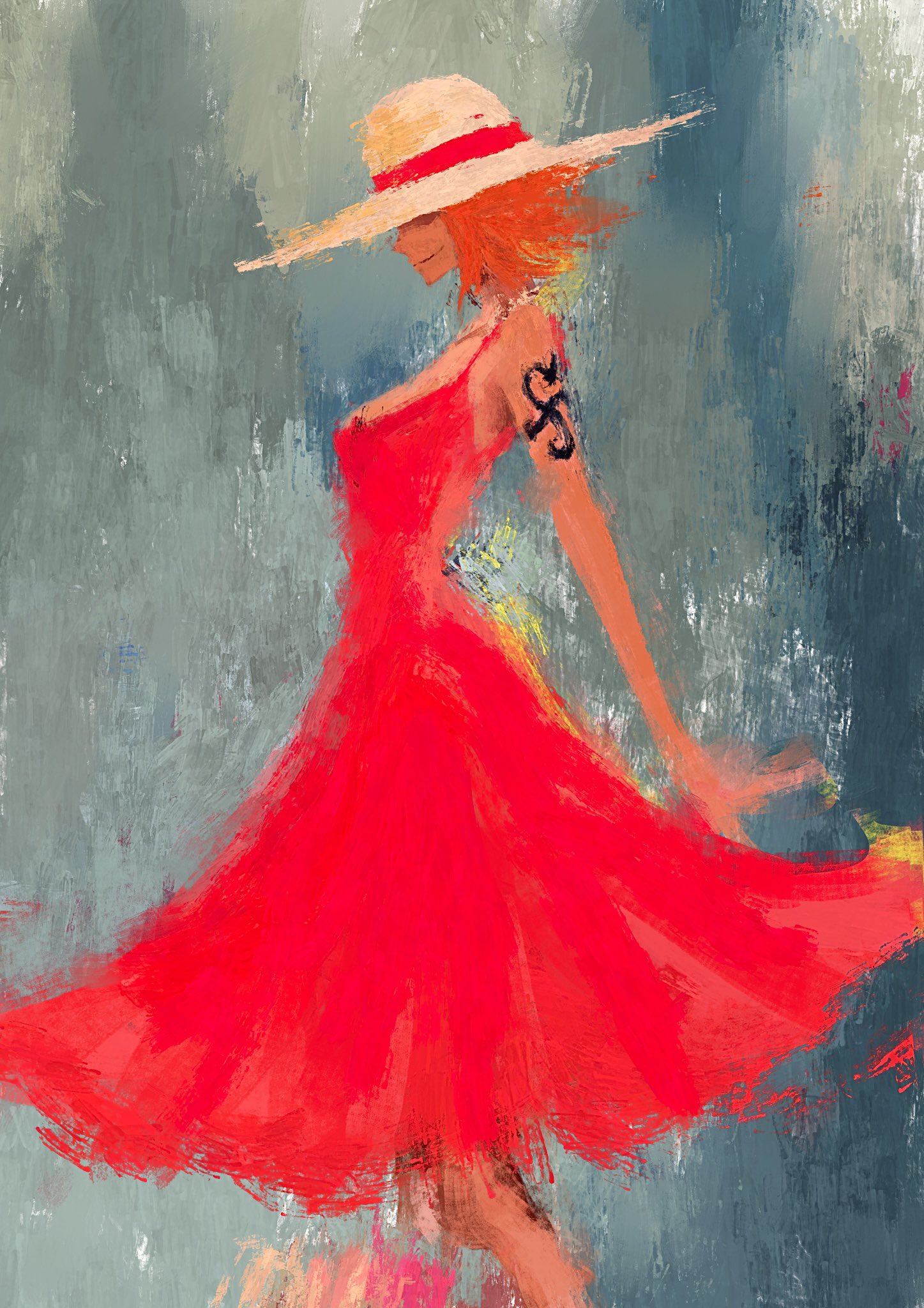 1girl arm_tattoo breasts cowboy_shot dress from_side fuyumurasaki hat highres nami_(one_piece) one_piece orange_hair painterly red_dress short_hair smile solo tattoo