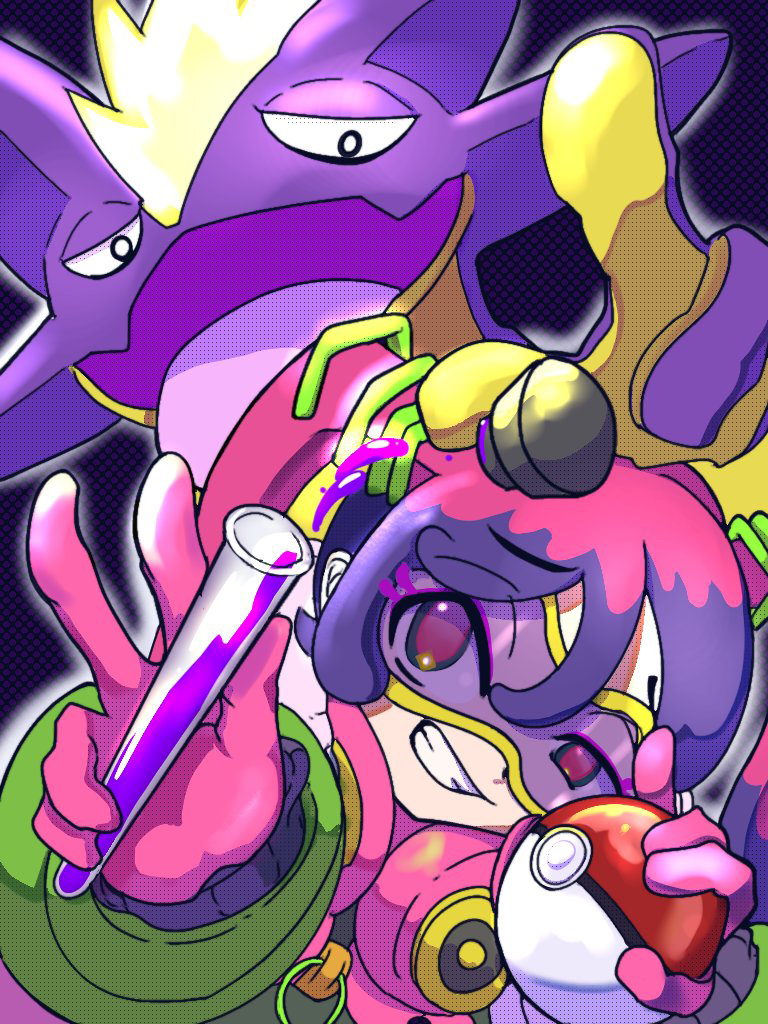1girl fangs gen_8_pokemon gloves goggles half-closed_eyes hatsune_miku headphones headphones_around_neck holding holding_poke_ball holding_test_tube multicolored_hair nintendo open_mouth pink_eyes pink_gloves pink_hair poison_miku_(project_voltage) poke_ball poke_ball_(basic) pokemon project_voltage purple-tinted_eyewear purple_hair skin_fangs smile test_tube tinted_eyewear tongue tongue_out toxtricity toxtricity_(amped) two-tone_hair user_adwe7482 vocaloid yellow-framed_eyewear