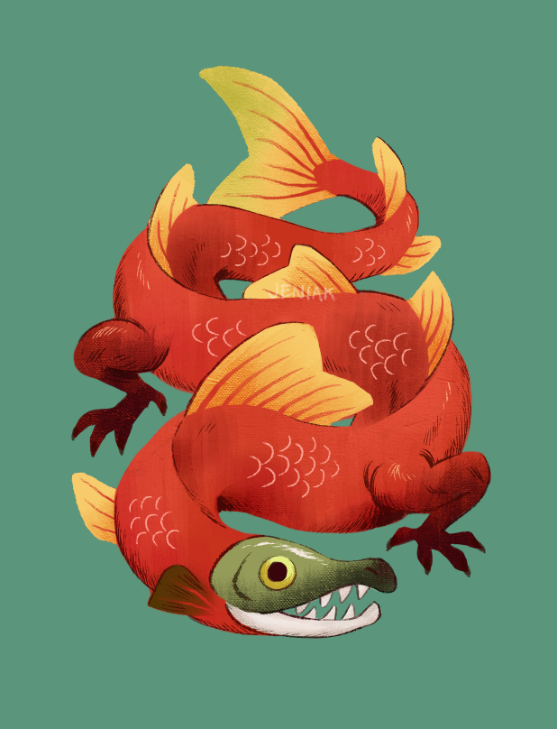 chimera claws commentary dorsal_fin dragon english_commentary fantasy fins fish_tail green_background jeniak monster no_humans original pun salmon_(fish) scales sharp_teeth simple_background snake tail teeth