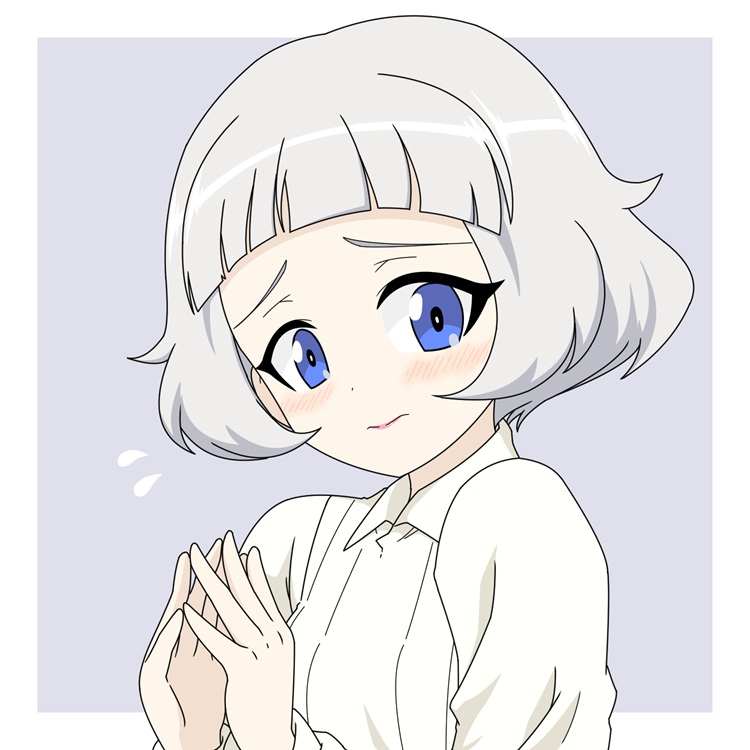 1girl blue_eyes blush collared_dress dress girls_und_panzer ichinose_jun lipstick long_sleeves looking_at_viewer makeup own_hands_together school_uniform short_hair shy sophia_(girls_und_panzer) sweat white_dress white_hair yogurt_school_uniform