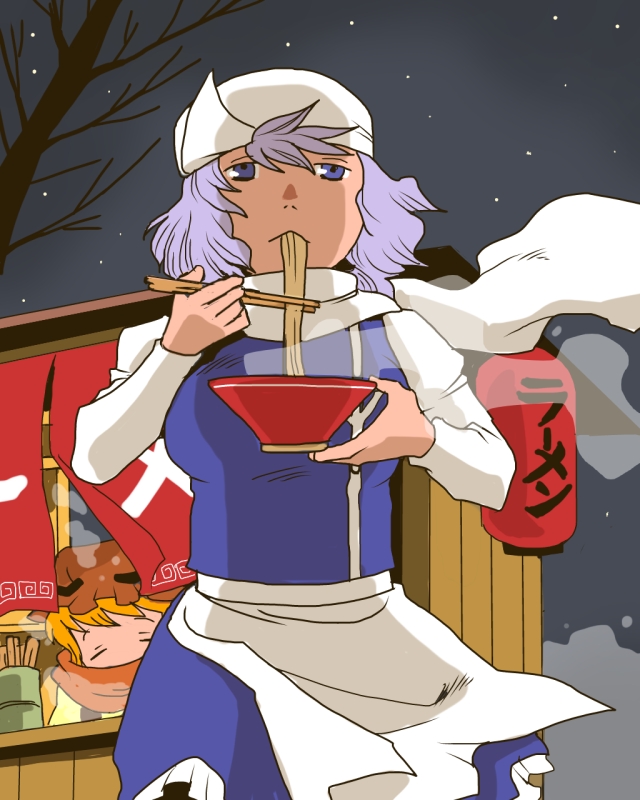2girls aki_minoriko blonde_hair blue_eyes blush breasts chopsticks plate eating closed_eyes female_focus food food_stand hat lantern large_breasts letty_whiterock light_purple_hair multiple_girls night noodles noren onikobe_rin paper_lantern ramen scarf short_hair skirt touhou yatai