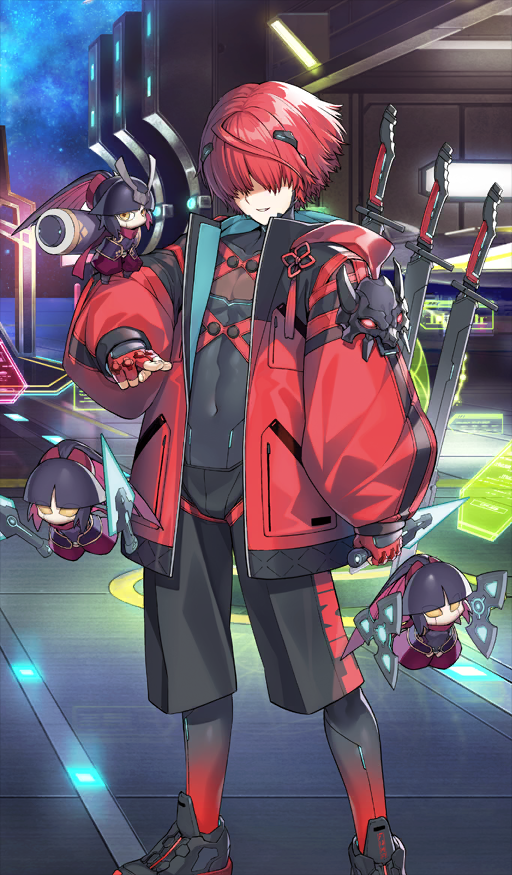1boy arm_at_side black_shoes black_shorts commentary_request covered_collarbone covered_eyes covered_navel fate/grand_order fate_(series) fingerless_gloves foot_out_of_frame fuuma_kotarou_(fate) gloves hair_over_eyes high_collar holding holding_kunai holding_weapon hood hood_down jacket katou_danzou_(fate) kunai long_sleeves official_alternate_costume official_art open_clothes open_jacket pantyhose pantyhose_under_shorts parted_lips pointing puffy_long_sleeves puffy_sleeves red_hair red_jacket reverse_grip robot sasaki_shounen science_fiction shoes short_hair shorts smile standing third-party_source weapon zipper