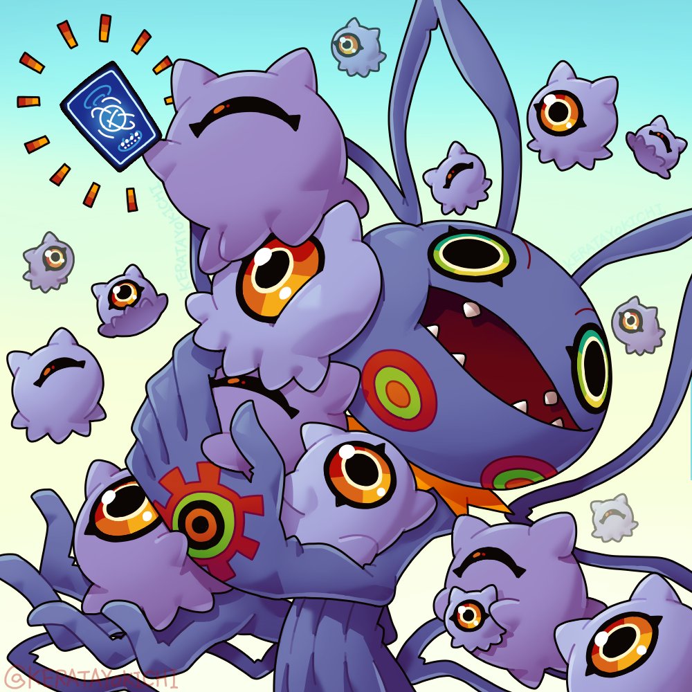 card digimon digimon_(creature) digimon_card_game evolutionary_line gradient_background green_eyes group_picture holding holding_card keramon keratayokichi kuramon one-eyed open_mouth sharp_teeth simple_background teeth tsumemon