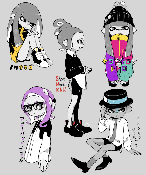 1boy 4girls beanie black-framed_eyewear black_hat black_jacket black_shoes black_shorts black_sweater blue_hair blue_jacket blue_ribbon blunt_bangs boater_hat collared_shirt commentary_request fangs glasses hair_between_eyes hair_bun hands_on_own_knees hat hat_ribbon high_tops imaikuy0 inkling inkling_girl inkling_player_character invisible_chair jacket long_hair long_sleeves looking_at_viewer medium_hair multicolored_jacket multiple_girls necktie nintendo octoling octoling_boy octoling_girl octoling_player_character open_mouth parted_bangs pink_jacket pointy_ears polka_dot polka_dot_ribbon pom_pom_(clothes) pom_pom_beanie purple_hair purple_jacket ribbon shirt shoes short_hair shorts single_hair_bun sitting sneakers splatoon_(series) splatoon_2 spot_color sweater tentacle_hair translation_request white_jacket yellow_jacket
