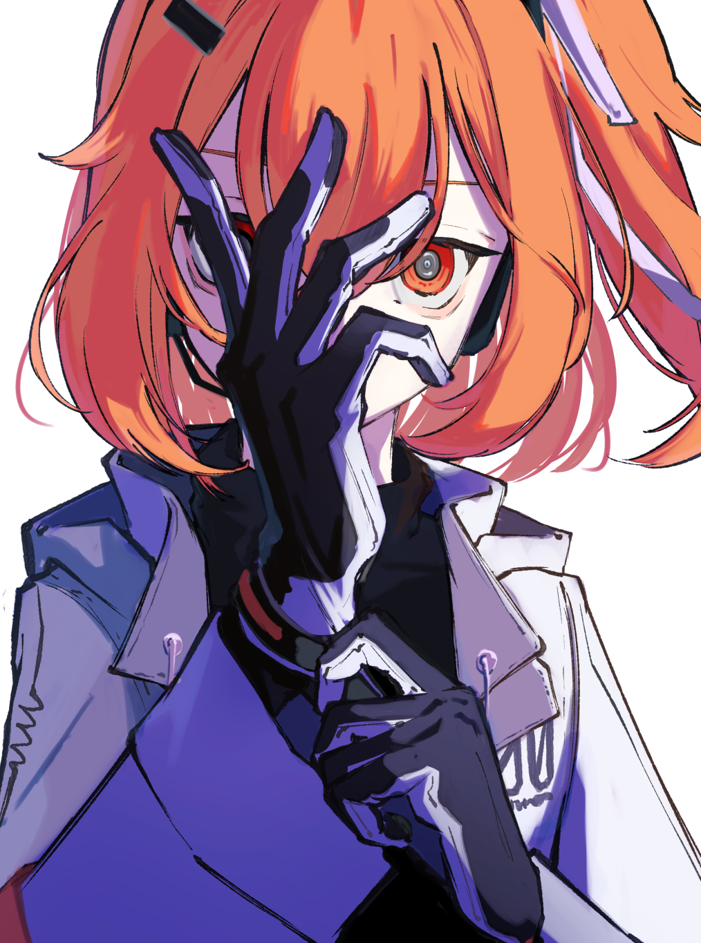 1girl a.i._voice adachi_rei adjusting_clothes adjusting_gloves black_gloves black_shirt gloves hair_ornament hair_ribbon headphones highres jacket looking_at_viewer medium_hair one_eye_covered orange_eyes orange_hair ribbon shirt simple_background solo teckinder upper_body utau white_background white_jacket white_ribbon