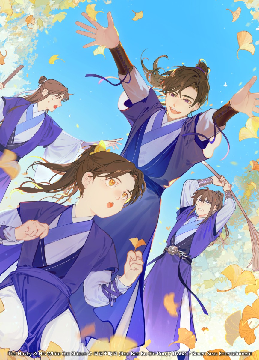 4boys :o blue_boots blue_hanfu blue_ribbon blue_sky boots broom brown_eyes brown_hair chinese_clothes chu_wanning clenched_hands clenched_teeth commentary english_commentary erha_he_tadebai_mao_shizun ginkgo_leaf ginkgo_tree grey_eyes hair_between_eyes hair_bun hair_ribbon hanfu high_ponytail highres holding holding_broom holding_leaf leaf long_hair long_sleeves looking_at_another male_focus mo_ran multiple_boys official_art open_hand open_mouth outstretched_arms pants ponytail purple_eyes ribbon sash shi_mei single_hair_bun sitting sky smile standing suto_(sakumaaritsu) teeth white_pants white_ribbon wide_sleeves xia_sini xiao_guan_(headdress) xue_meng yellow_eyes