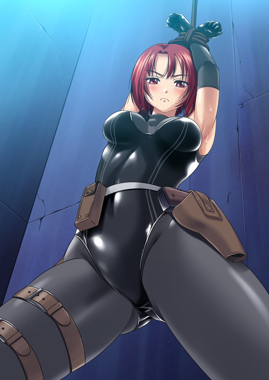 1girl black_gloves black_leotard bodysuit bound bound_wrists breasts closed_mouth commission covered_navel dino_crisis elbow_gloves frown gloves highres jiyuuyuu leotard looking_at_viewer red_hair regina_(dino_crisis) short_hair skeb_commission skin_tight solo thigh_strap turtleneck