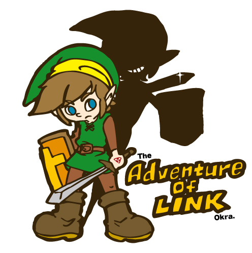 2boys blue_eyes boots brown_hair clone dual_persona elf grin hat link lowres mark_on_hand multiple_boys nintendo pointy_ears serious shadow shadow_link shield smile sword the_legend_of_zelda triforce tunic weapon zelda_ii:_the_adventure_of_link