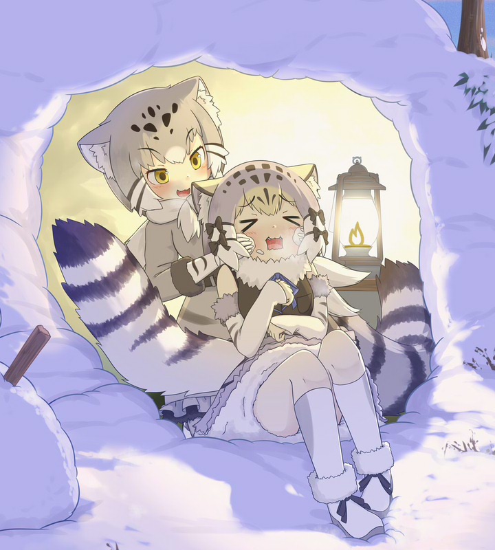 &gt;_&lt; 2girls :3 animal_ears bare_shoulders black_hair black_shirt blush boots cat_ears cat_girl cat_tail detached_sleeves elbow_gloves frilled_skirt frills fur_collar fur_trim gloves grey_fur grey_hair grey_skirt grey_sweater hair_between_eyes igloo kemono_friends lantern multicolored_hair multiple_girls onefiresticks open_mouth pallas&#039;s_cat_(ex)_(kemono_friends) pallas&#039;s_cat_(kemono_friends) pallas&#039;s_cat_print print_gloves shirt short_hair sidelocks sitting skirt smile snow snow_shelter socks sweater tail white_footwear white_fur white_gloves white_hair white_socks yellow_eyes