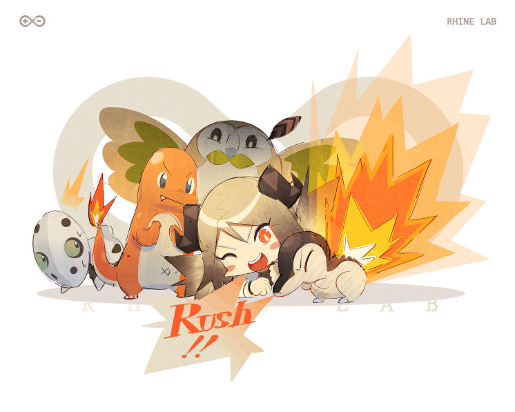 1girl arknights aron blonde_hair blue_eyes blush_stickers charmander chibi commentary_request cyndaquil english_text fang fire flame-tipped_tail game_freak gen_1_pokemon gen_2_pokemon gen_3_pokemon gen_7_pokemon green_eyes horns ifrit_(arknights) nintendo norizc open_mouth pokemon pokemon_(creature) rhine_lab_logo rowlet smile solo squatting v-shaped_eyebrows white_background x_navel yellow_pupils