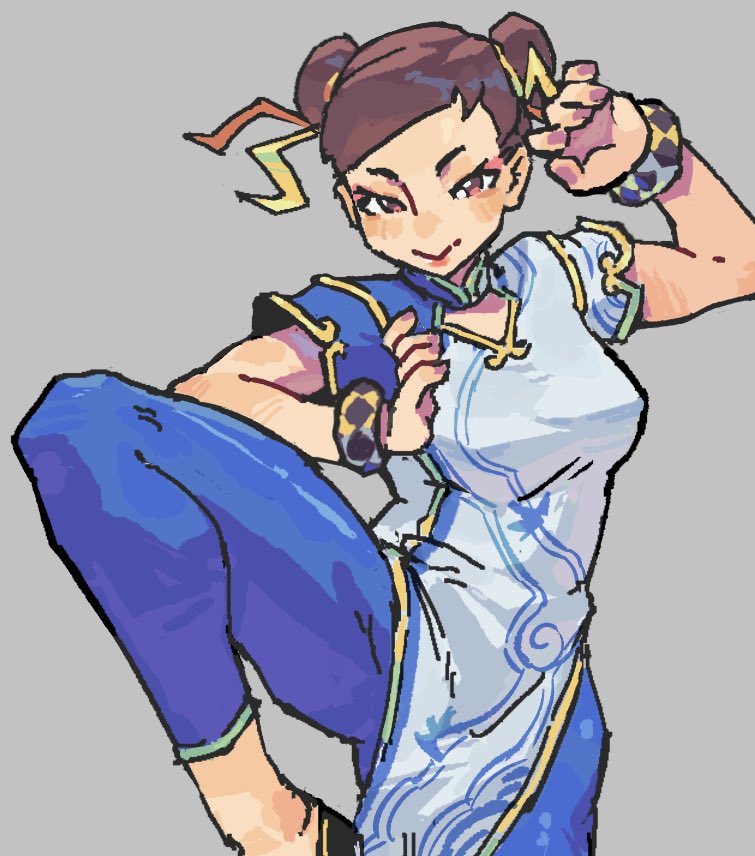 1girl :&gt; blue_pants bracelet breasts brown_eyes brown_hair capcom china_dress chinese_clothes chun-li cleavage_cutout clothing_cutout commentary double_bun dress english_commentary fighting_stance hair_bun hair_ribbon jewelry medium_breasts nycnouu pants ribbon smile solo standing standing_on_one_leg street_fighter street_fighter_6