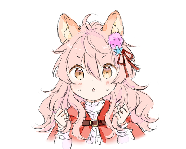 1girl :&lt; ahoge animal_ear_fluff animal_ears blue_flower blush brown_eyes capelet center_frills commentary_request cropped_torso flower frills hair_between_eyes hair_ribbon hands_up hood hood_down hooded_capelet long_sleeves original parted_lips pink_flower pink_hair puffy_long_sleeves puffy_sleeves red_capelet red_ribbon ribbon shirt simple_background solo sweat triangle_mouth upper_body v-shaped_eyebrows wataame27 white_background white_shirt wolf-chan_(wataame27) wolf_ears