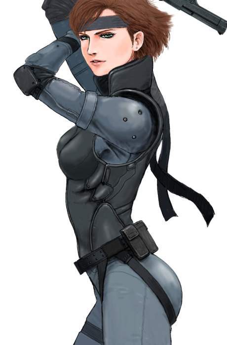 1girl ass bodysuit breasts brown_hair cowboy_shot desert_eagle elbow_pads female_focus from_side green_eyes gun handgun headband izo_(bjc000510) lips meryl_silverburgh metal_gear_(series) metal_gear_solid nose short_hair simple_background sneaking_suit solo weapon