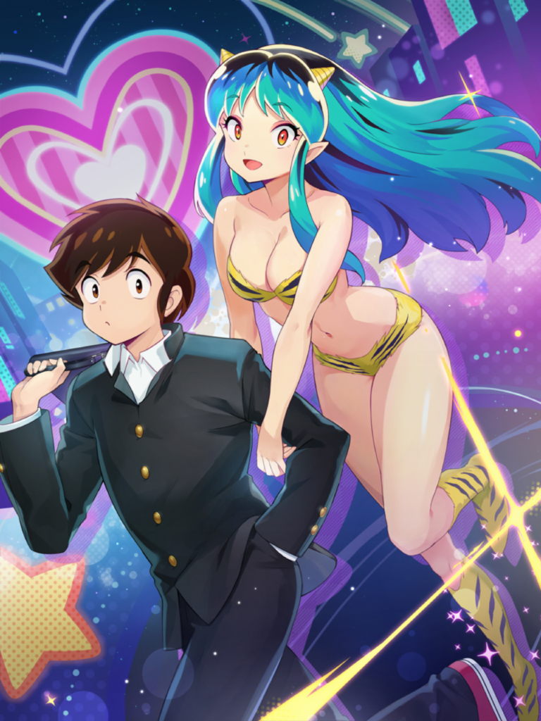 1boy 1girl animal_print aqua_hair bag bikini black_background black_jacket black_pants boots breasts brown_eyes brown_hair cleavage collarbone collared_shirt cone_horns gakuran hand_in_pocket heart holding holding_bag horns jacket long_hair long_sleeves looking_at_viewer lum medium_breasts moroboshi_ataru navel official_art open_mouth orange_eyes pants pointy_ears print_bikini ragnador school_bag school_uniform shirt short_hair smile strapless strapless_bikini swimsuit third-party_source tiger_print urusei_yatsura white_shirt yellow_bikini yellow_boots yellow_horns