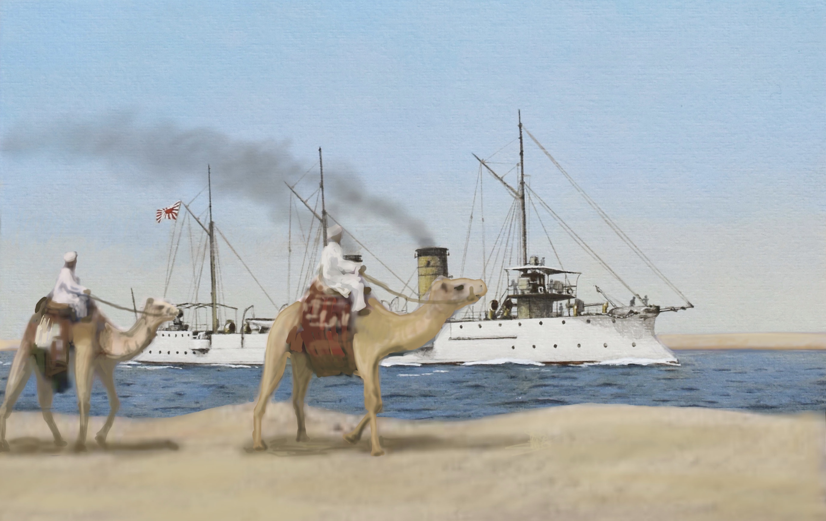 2boys acrylic_paint_(medium) atelier_bono camel canal cannon chishima_(cruiser) commentary_request cruiser desert egypt evening flag highres imperial_japanese_navy mast military_vehicle morning multiple_boys original painting_(medium) photoshop_(medium) rising_sun_flag ship ship_turret sky smoke smoke_trail smokestack suez_canal sunburst traditional_media vehicle_focus warship watercraft