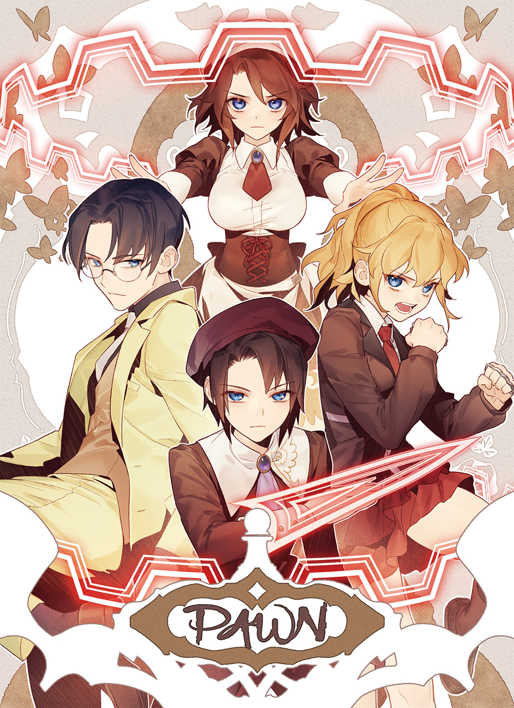 2boys 2girls aluce black_hair blonde_hair blue_eyes brown_hair bug butterfly chess_piece coat dress family fighting_stance formal_clothes glasses hat highres insect kanon_(umineko) looking_at_viewer maid multiple_boys multiple_girls necktie open_mouth outstretched_arms pawn_(chess) ponytail serious shannon_(umineko) siblings skirt suit sword umineko_no_naku_koro_ni ushiromiya_george ushiromiya_jessica weapon