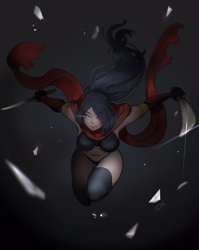alternate_costume arm_guards armor assassin black_gloves blue_eyes blue_hair breasts dark_background elbow_gloves fingerless_gloves gloves hair_over_one_eye holding holding_sword holding_weapon knife large_breasts long_hair looking_at_viewer navel ninja original pointy_ears red_scarf scarf shadow_dancer_(dungeon_and_fighter) sword thief_(dungeon_and_fighter) thighhighs underwear underwear_only very_long_hair weapon zipper