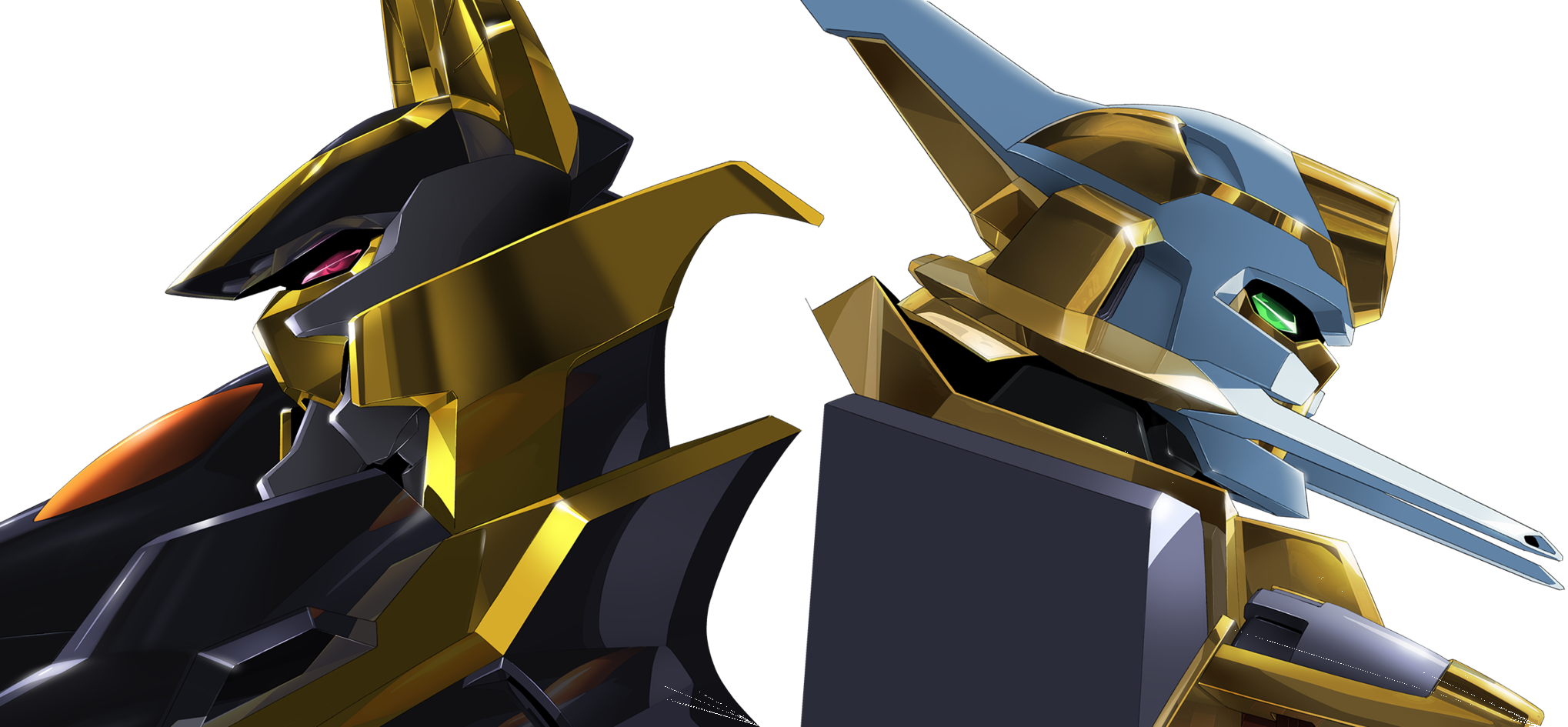 artist_request back-to-back code_geass code_geass:_lost_stories from_side game_cg gawain_(code_geass) green_eyes highres lancelot_(code_geass) lancelot_z-01 mecha mecha_focus no_humans non-web_source official_art portrait profile red_eyes robot simple_background symmetry transparent_background