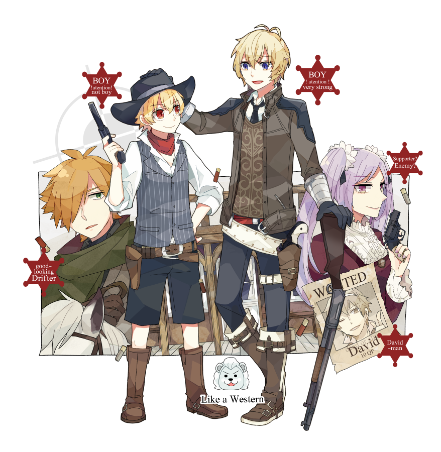 1girl 5boys billy_the_kid_(fate) black_gloves black_headwear black_pants black_shorts blonde_hair blue_eyes boots brown_footwear bullet character_name child_gilgamesh_(fate) cowboy cowboy_hat cowboy_western crosshair david_(fate) english_text engrish_text euryale_(fate) fate/grand_order fate_(series) gilgamesh_(fate) gloves green_eyes gun hair_over_one_eye hand_on_another&#039;s_head handgun hat holding holding_gun holding_weapon light_purple_hair multiple_boys one_eye_closed open_mouth orange_hair pants pink_eyes ranguage red_eyes rifle robin_hood_(fate) shirt shorts smile ss_ii_kk thomas_edison_(fate) twintails vest wanted_poster weapon western white_horse white_shirt