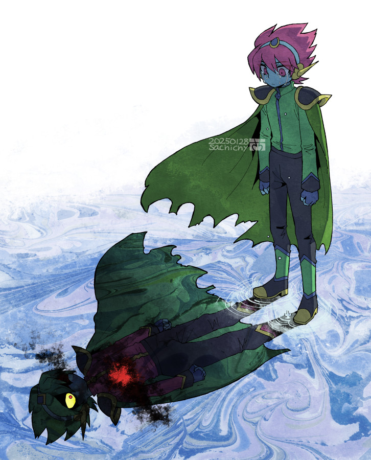 1boy aizawa_sachi black_pants blue_gloves blue_skin cape captain_spaceboy closed_mouth colored_skin crying crying_with_eyes_open dated different_reflection fingerless_gloves gloves green_cape long_sleeves male_focus omori pants pink_eyes pink_hair reflection reflective_water short_hair solo standing tears