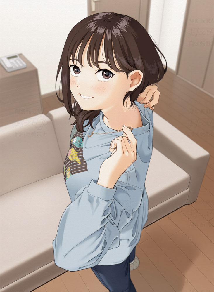 1girl blue_pants blue_shirt breasts brown_eyes brown_hair commentary grin holding holding_jewelry holding_necklace jewelry long_hair long_sleeves looking_at_viewer mattaku_mousuke medium_breasts nape necklace original pants shirt smile solo