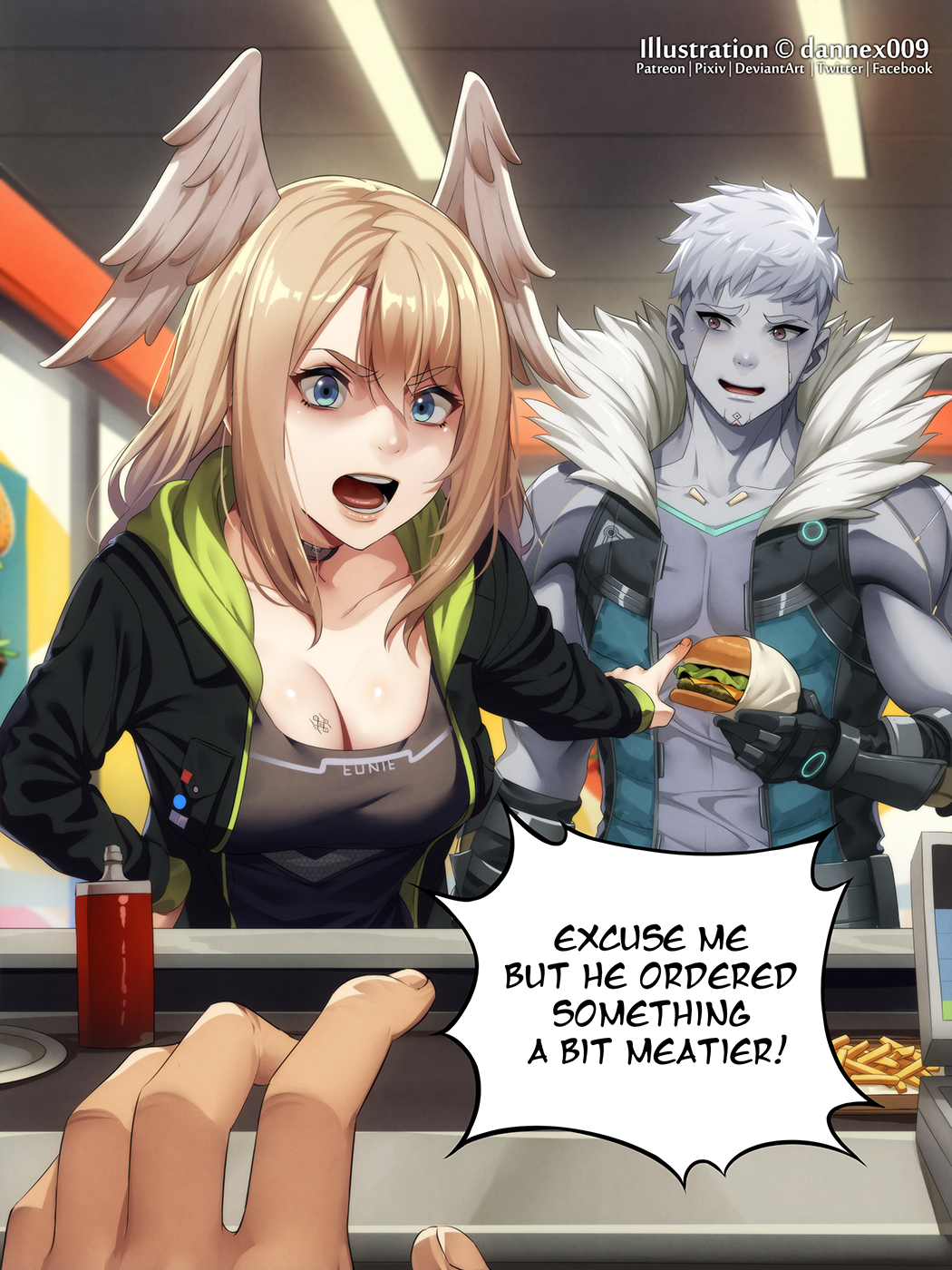 1boy 1girl 1other black_jacket blue_hair bottle breasts brown_hair burger chest_tattoo cleavage colored_skin commentary dannex009 english_commentary english_text eunie_(xenoblade) fast_food feathered_wings food grey_hair grey_skin hair_between_eyes hand_on_own_hip head_wings highres holding holding_burger holding_food hood hooded_jacket indoors jacket ketchup_bottle lanz_(xenoblade) large_breasts long_sleeves looking_at_viewer medium_hair open_clothes open_jacket pectorals pointing pointing_at_another pov pov_hands restaurant smile speech_bubble tattoo white_wings wings xenoblade_chronicles_(series) xenoblade_chronicles_3