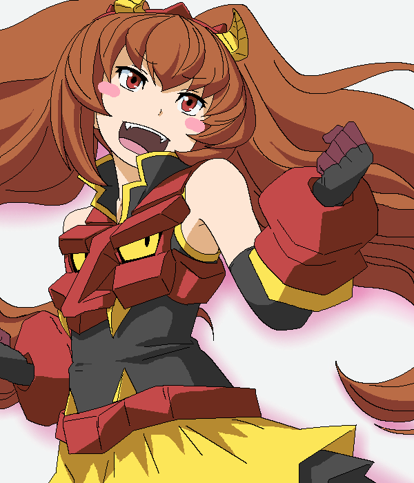 1girl black_gloves blush_stickers brown_hair clenched_hands commentary_request detached_sleeves dress elbow_gloves gloves horns jaggy_lines long_hair onica_onis original red_eyes short_dress solo tomu_(tomubobu) twintails two-tone_dress upper_body very_long_hair yellow_dress yellow_horns
