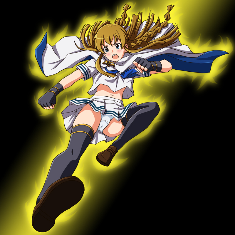 1girl amulet aura black_background black_gloves black_thighhighs blue_neckerchief braid brown_hair cloak crop_top crotch_seam fingerless_gloves flying_kick full_body gloves green_eyes idol_heroes_(idolmaster) idolmaster idolmaster_million_live! idolmaster_million_live!_theater_days kicking kousaka_umi lielos loafers long_hair mighty_sailor miniskirt navel neckerchief open_mouth panties pantyshot pleated_skirt school_uniform serafuku shirt shoes skirt solo teeth thighhighs underwear v-shaped_eyebrows white_cloak white_panties white_shirt white_skirt yellow_aura