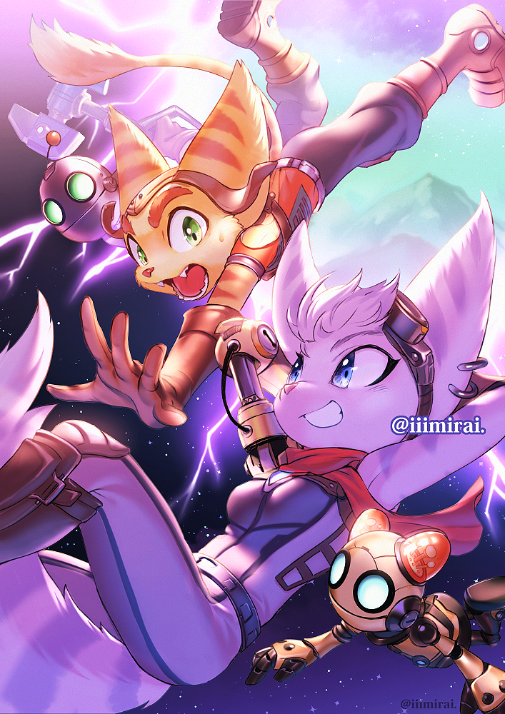 2boys 2girls arms_up bad_id bad_pixiv_id clank falling furry furry_female furry_male goggles goggles_on_head humanoid_robot iiimirai kit_(ratchet_&amp;_clank) lombax looking_at_another mechanical_arms multiple_boys multiple_girls portal_(object) ratchet_&amp;_clank ratchet_&amp;_clank:_rift_apart ratchet_(ratchet_&amp;_clank) rivet_(ratchet_&amp;_clank) robot scarf single_mechanical_arm smile striped_fur tail wrench